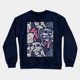 Mystical fungi // midnight blue background ivory pale blue and dark pink wild mushrooms Crewneck Sweatshirt